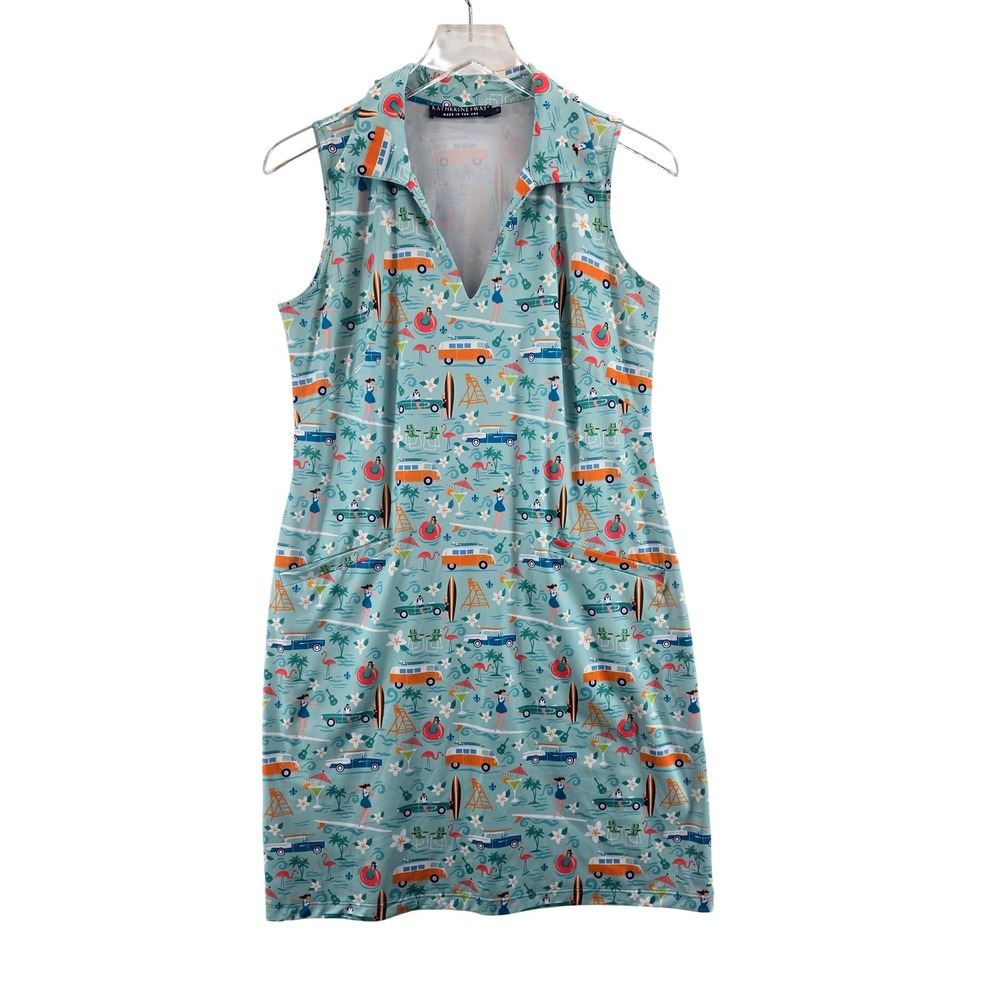 Katherine Way St Regis Good Vibrations Golf Dress Blue Surf Print Womens Small